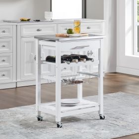 Mobile Rolling Kitchen Island Trolley Serving Cart with Underneath Drawer & Slide-Out Wire Storage Basket (Main Material: Wood + Stainless Steel, Main Color: White)